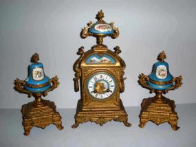 3 Piece French Clock Set w/Blue Decorated Porcelain Inserts