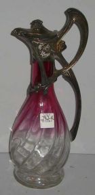 Art Nouveau Rubina Pitcher, Cranberry and Clear with Silver Handle