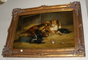 Large gold gilt framed painting on canvas of mother collie & pups