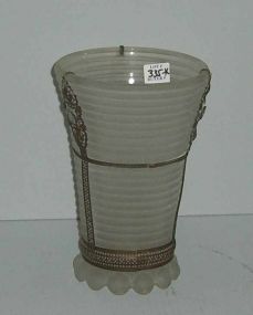 Frosted glass vase with metal strapping