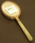 Small hand mirror hand painted back silverplate frame and Jade handle