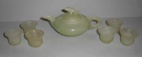 Soapstone Tea Pot Shape Hand Carved Pot w/6 Handleless Cups