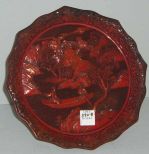 Cinnabar Raised Edge w/Finely Carved Oriental Lake Scene