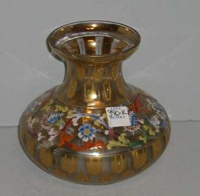 Clear Glass Squatty Vase with Heavy Gold Trim