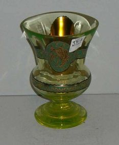 Green Vaseline Glass Vase with Gold Trim