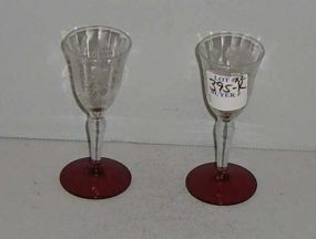 Pair of Clear Cordial Glasses with Ruby Bottoms