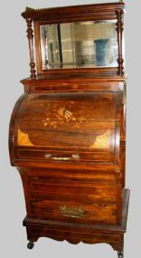 Rosewood carved coal storage cabinet with marquetry inlay cylinder door & shelves