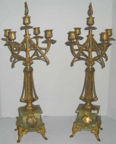 Pair of bronze Art Nouveau 5 light candelabras with onyx bases