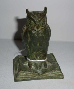 Green Patina Bronze Owl on Pen Book, Paperweight