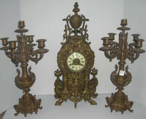 Large Ornate 3 Piece Bronze Clock Set w/5 Light Candelabras