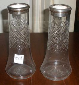 Pair of Cut Glass Vases with Sterling Neck Bands