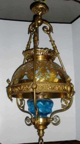 Victorian Open Brass Work Shade Covered w/Sapphire Glass