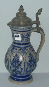 German Cobalt/Grey Stoneware Stein w/Pewter cover