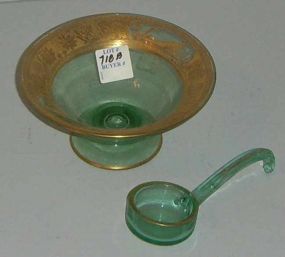Green Glass Footed Mayonnaise Dish w/Ladle