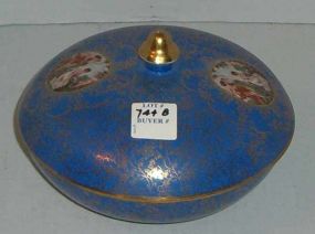 Round Covered Powder Box, Blue w/Gold and Figural Decoration