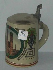 German 1/2 Liter Stoneware Stein, Chrome Cover, German Building Picture