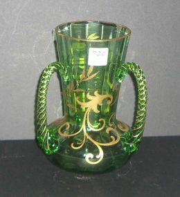 Green glass enameled 3 handle loving cup with large flared mouth