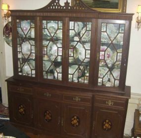 Mahogany Breakfront with Four Beveled Glass Doors over Inlaid Bottom Doors