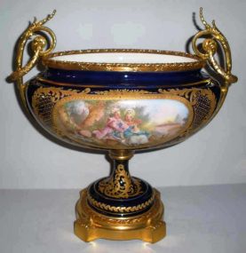 Oval Cobalt Center Piece with Gilded Bronze Portrait Medallion