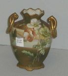 Nippon double handle vase pretzel handle gilt border lake background