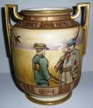 Nippon double handle vase with 2 bird hunters with guns