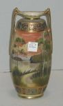 Nippon double handle vase with lake scene gold trim oval shaped