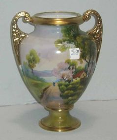 Nippon double handled bolted urn with cottage & lake scene