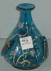 Blue Enameled Vase with Applied Fish