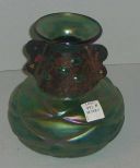 Green Iridescent Art Glass Vase w/Metal Column and Blown Out Spikes
