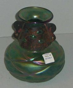 Green Iridescent Art Glass Vase w/Metal Column and Blown Out Spikes