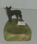 Green Onyx Ashtray w/Applied Bronze Dog Standing on Rear