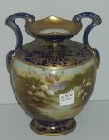 Nippon Handled Vase, Cobalt and Heavy Gold Decoration, Painted Water Fowl, Maple Leaf Mark
