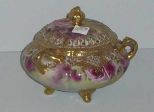 Nippon Covered Biscuit Jar, Four Footed, Three Handled, Heavy Raised Gold and Jewelling w/Roses