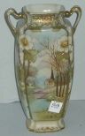 Hand painted scenic Nippon double handled vase w/raised decoration and gold beading