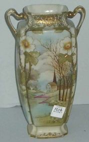 Hand painted scenic Nippon double handled vase w/raised decoration and gold beading