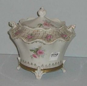 RS Prussia Fluted Floral Biscuit Jar, Decorated w/Pink Roses and Stems