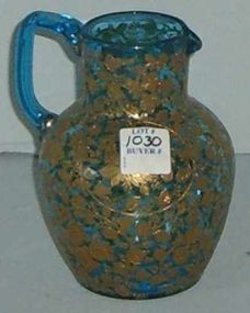 Small Moser jug blue w/applied gold floral and foliage decoration