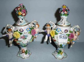 Pair of Dresden Mini Urns with Lids