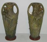 Pair of Pot Metal Vases w/Figural and Bird Decoration on Marble Base