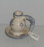 Blue and White Decorated Candlestick Holder w/Rope Handle