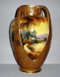 4 Handled Nippon Vase w/Scenic Panels and Overlay of Taupe and Heavy Gold Decoration