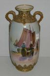 Nippon Double Handled Vase w/Dutch Scenic Sailboats and People and Heavy Gold Decoration - Marked Hand Painted Nippon 