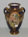 Nippon Double Handled Outstanding Vase, Cobalt w/Center Medallion Ostrich on Front and Dessert Pattern on Back