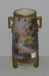 Nippon Footed and Handled Vase w/Farm Land Scenic w/Ducks, Raised Gold Decoration, Marked Hand Painted Nippon 