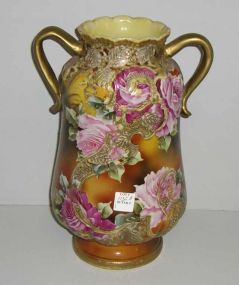 Nippon Vase Double Handled, Footed w/Roses - Marked Hand Painted Nippon 