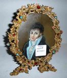 Ornate Jeweled and Enameled Metal Framed Miniature Painting on Glass