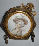 Miniature Painting on Porcelain of Lady with 6 Sided Frame