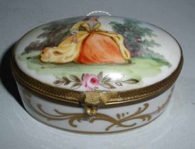 Large Oval Covered Hinged Box with Scene of Lady on Wall