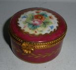 Small Round Limoges Covered Hinged Box Rose Colored with Floral Decorations