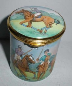 Staffordshire Enameled Covered Box Men Playing Polo